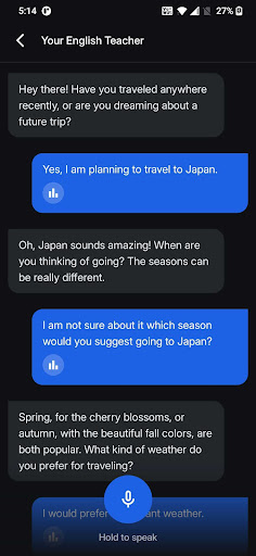 Real English conversation practice with Vaani’s AI teacher using voice messages about travelling to Japan