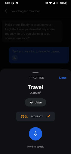 English pronunciation practice in Vaani showing the word travel with IPA transcription, listen playback and accuracy tracking