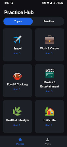 Vaani Practice Hub with English speaking topics: Travel, Work & Career, Food & Cooking, Movies & Entertainment, Health & Lifestyle and Daily Life